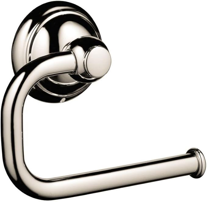 Polished nickel toilet paper holder with curved arm and circular wall mount bracket.
