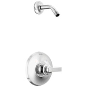 Chrome shower trim with round wall plate, lever handle, and curved arm without showerhead.