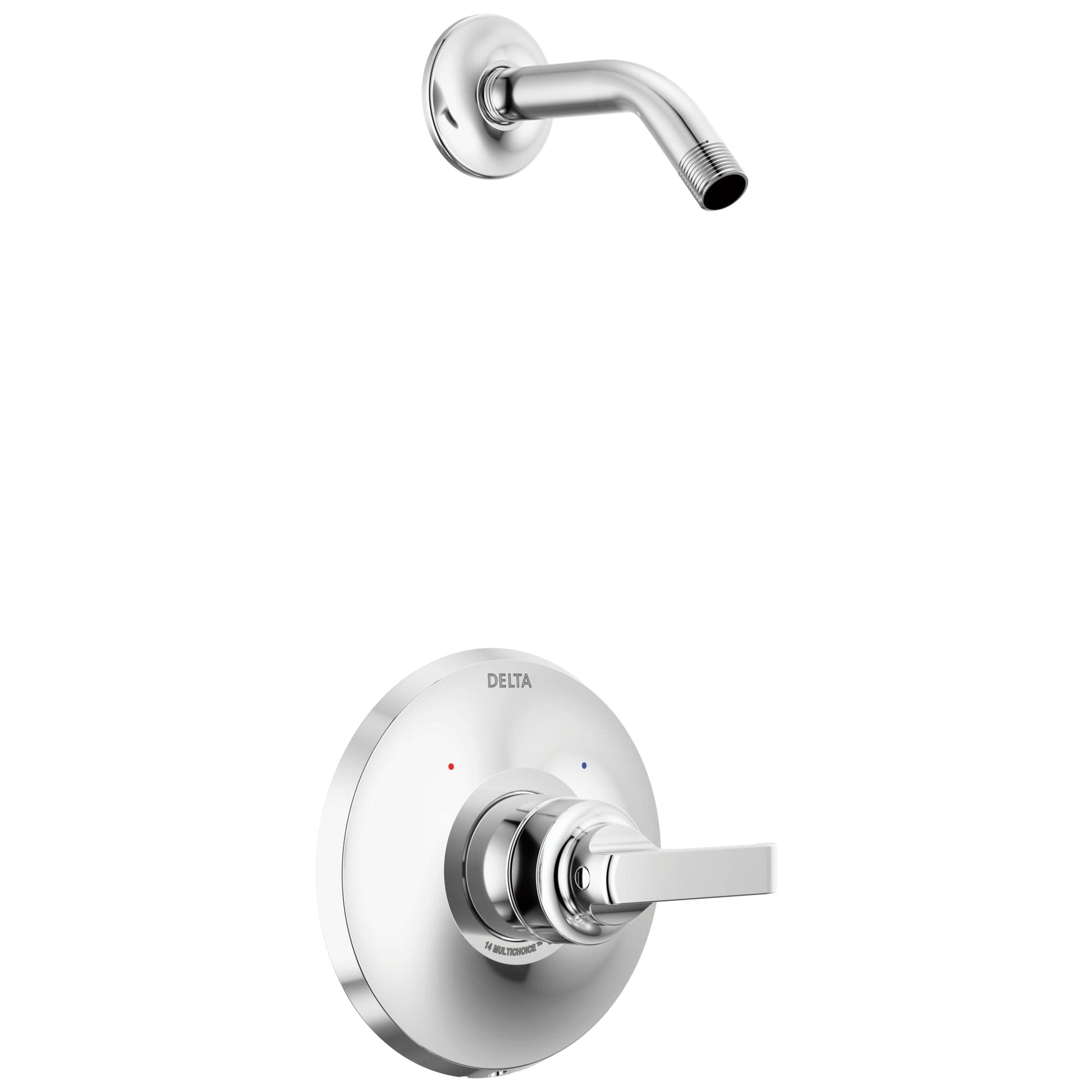 Chrome shower trim with round wall plate, lever handle, and curved arm without showerhead.