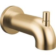 Champagne bronze tub spout with curved outlet and pull-up diverter lever on right side.