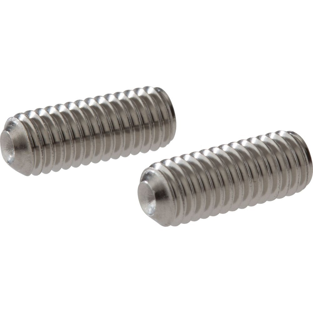 Two stainless steel set screws with hexagonal sockets and threaded bodies.