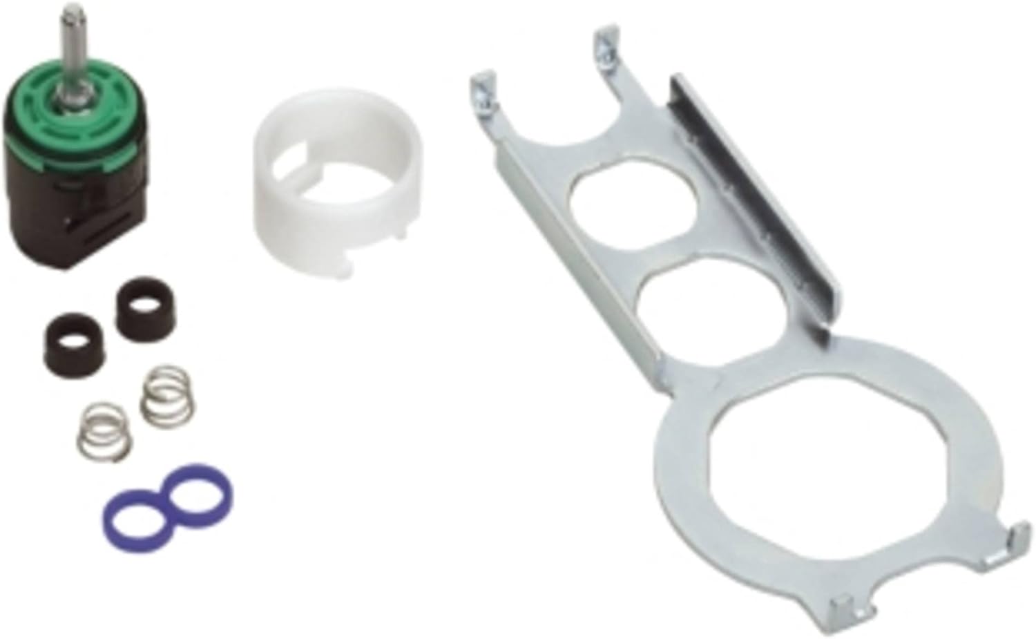 Hansgrohe joystick cartridge components including green-topped spool, white sleeve, metal bracket, and rubber seals.