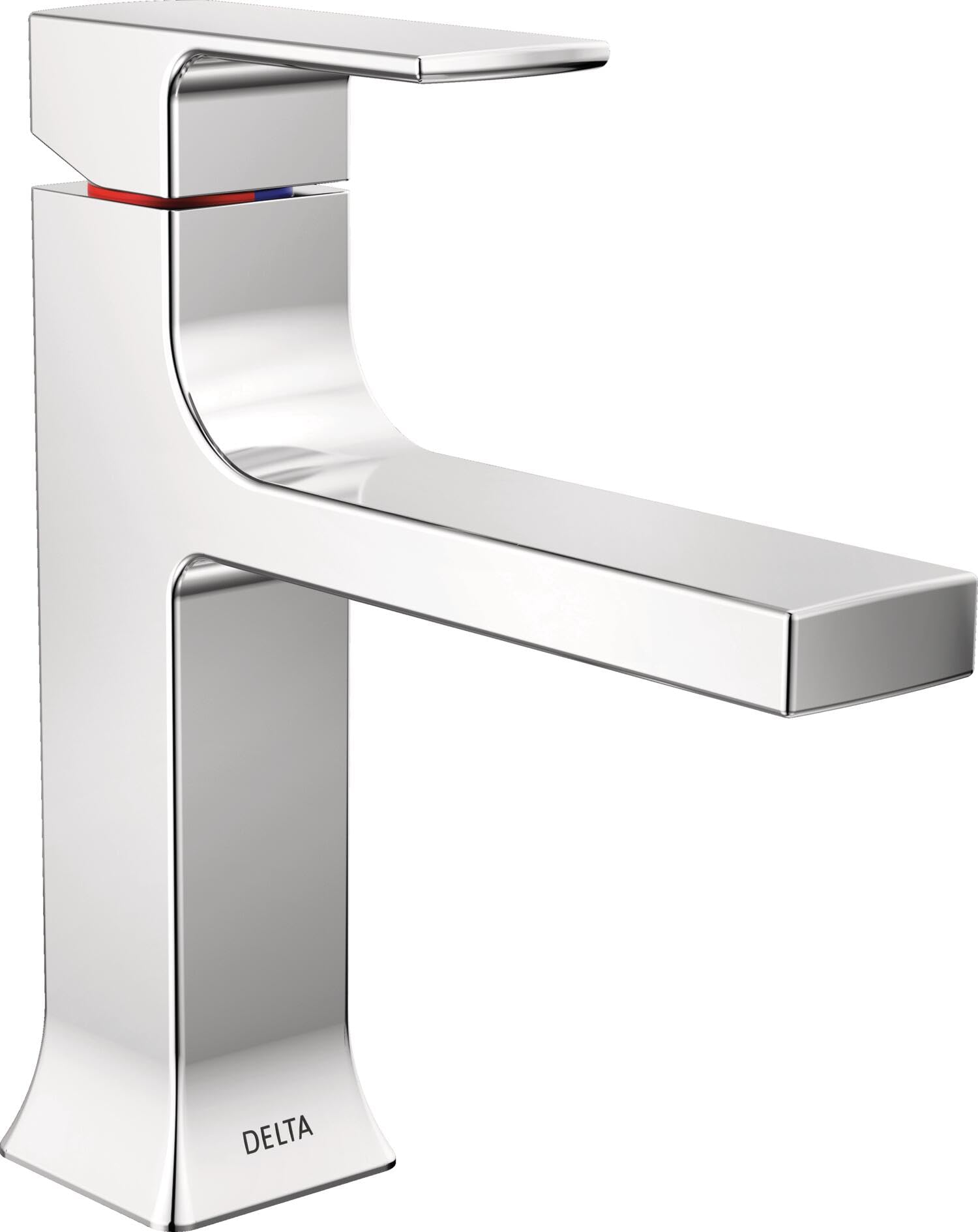 Chrome single-handle bathroom faucet with curved spout and square base featuring red and blue indicator bands.