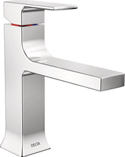 Chrome single-handle bathroom faucet with curved spout and square base featuring red and blue indicator bands.