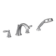 Chrome roman tub faucet with two handles, curved spout, and detachable handheld showerhead.