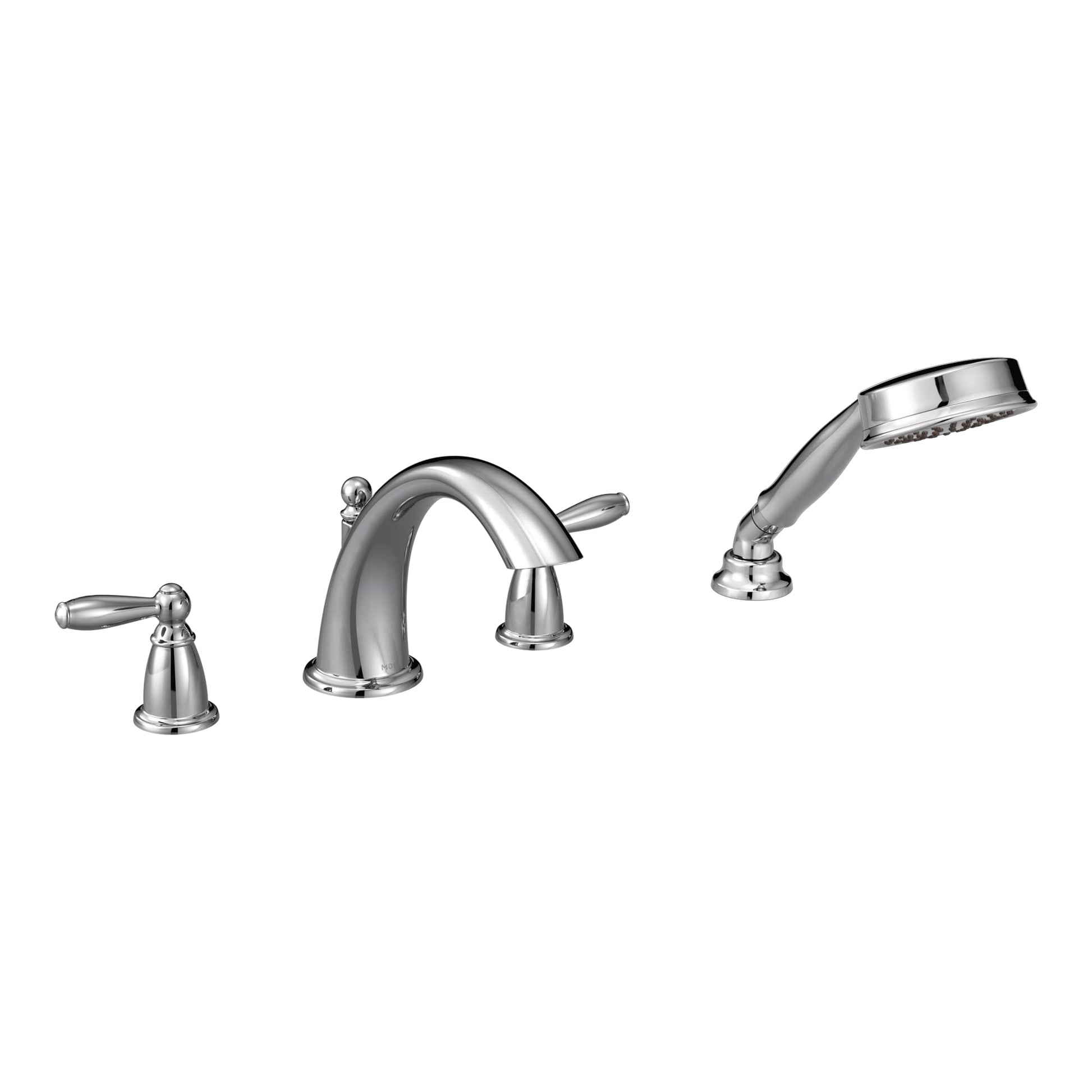 Chrome roman tub faucet with two handles, curved spout, and detachable handheld showerhead.