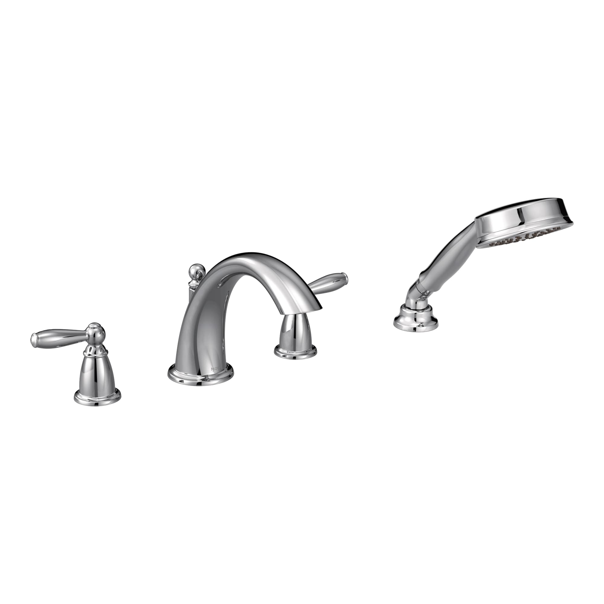 Chrome roman tub faucet with two handles, curved spout, and detachable handheld showerhead.