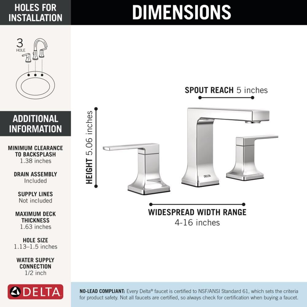 Chrome two-handle widespread bathroom faucet with 5-inch spout reach and adjustable 4-16 inch width range.