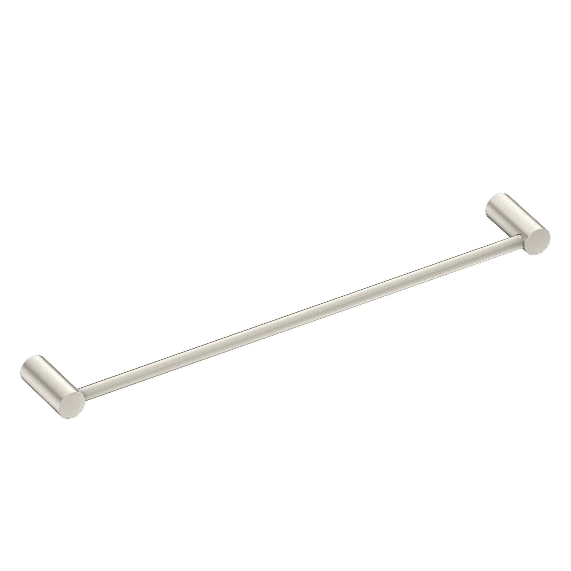 Brushed nickel wall-mounted towel bar with cylindrical mounting brackets and straight horizontal rod.