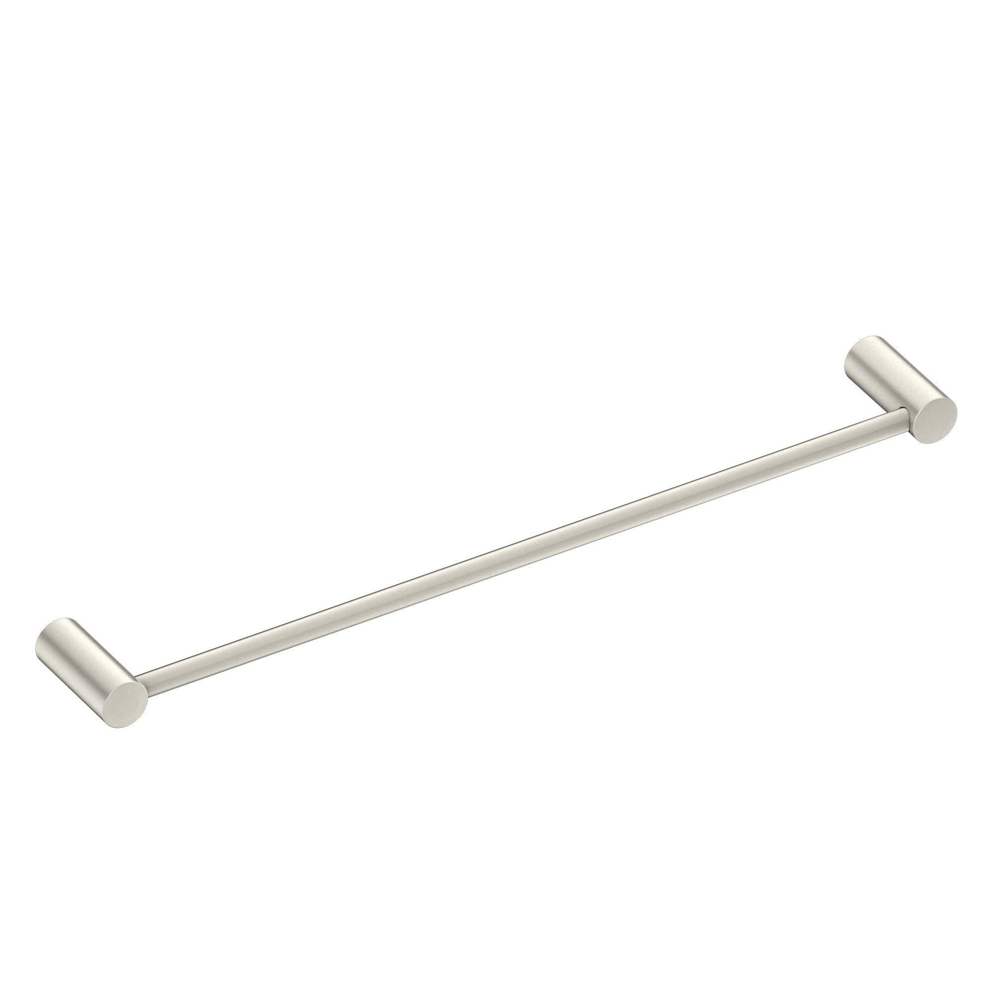 Brushed nickel wall-mounted towel bar with cylindrical mounting brackets and straight horizontal rod.