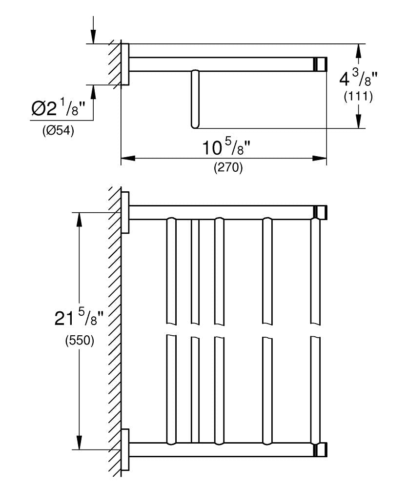 Brushed nickel multi-towel bar with horizontal rail and vertical hanging rods, wall-mounted technical drawing showing dimensi
