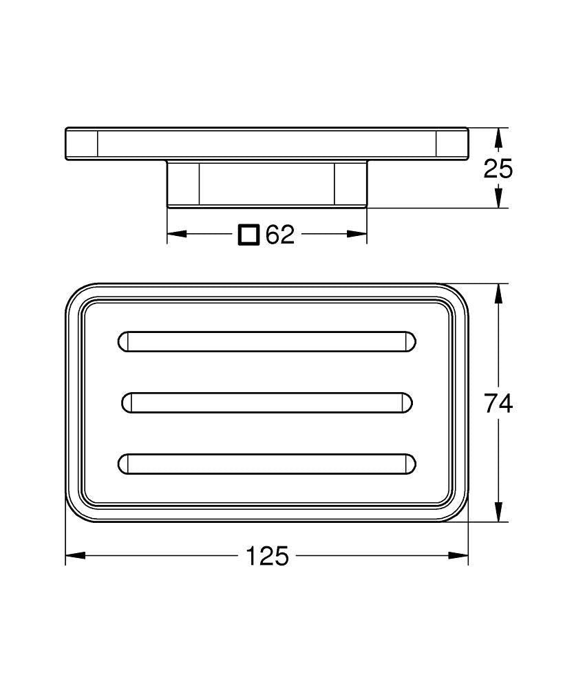 Chrome soap dish with rectangular basin featuring three horizontal drainage bars, wall-mounted hardware shown in top view.