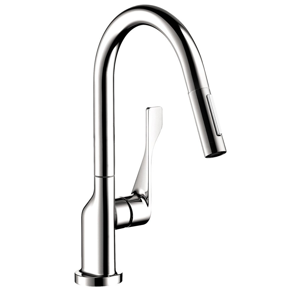 Chrome kitchen faucet with curved pull-down spout and single lever handle.