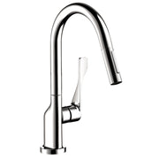 Chrome kitchen faucet with curved pull-down spout and single lever handle.