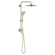 Brushed nickel shower system with overhead rainfall showerhead, handheld sprayer, and vertical rail mounted on white backgrou