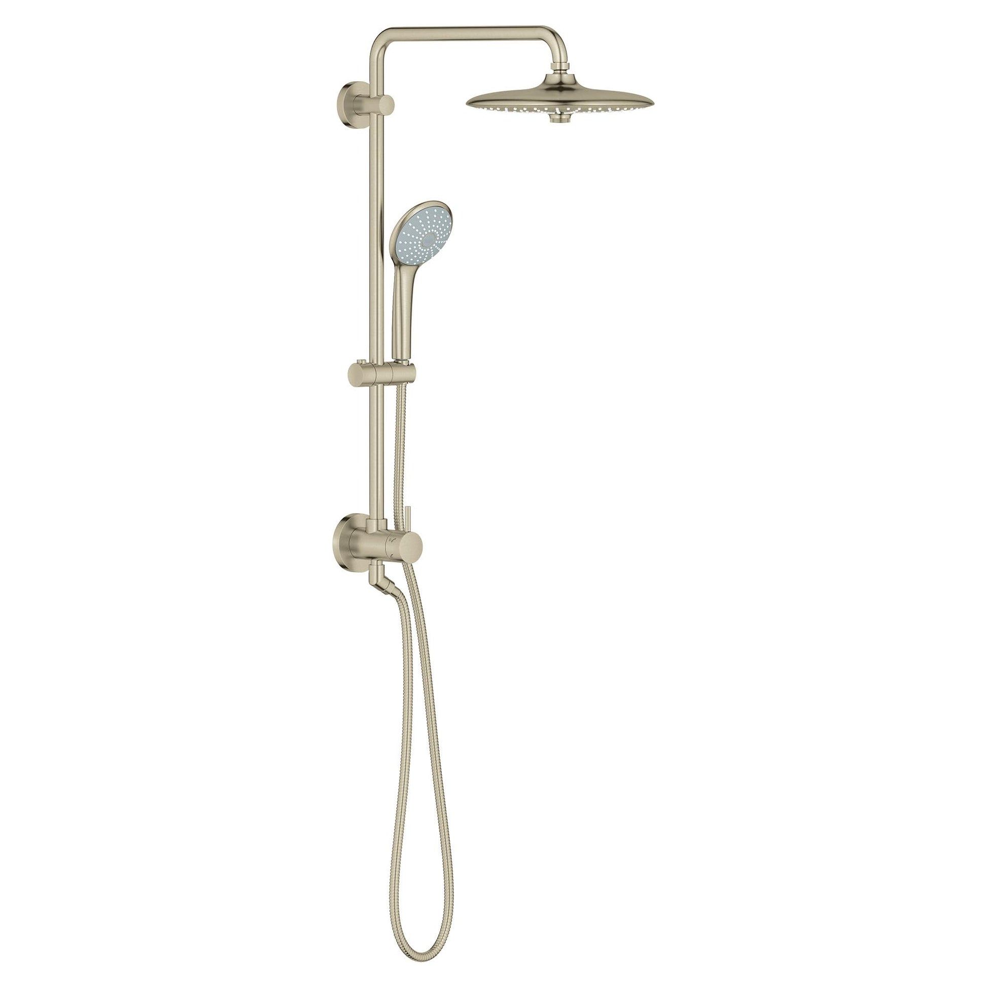 Brushed nickel shower system with overhead rainfall showerhead, handheld sprayer, and vertical rail mounted on white backgrou