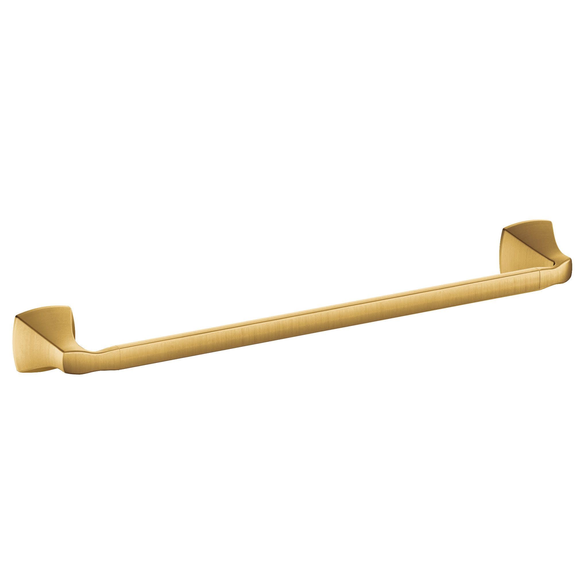 Brushed gold wall-mounted towel bar with squared end brackets and cylindrical rod.