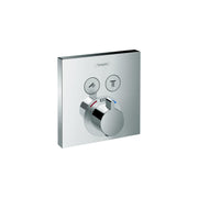 Square chrome thermostatic shower trim with two function buttons and central temperature control dial.