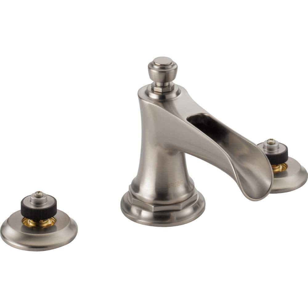 Brushed nickel three-piece bathroom faucet with channel spout and separate handle bases.
