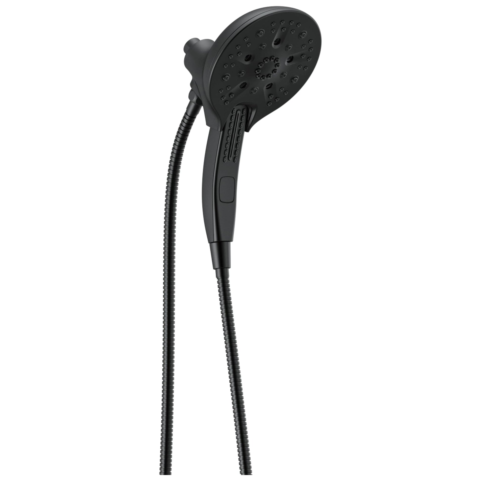 Black two-in-one shower head with circular perforated face and handheld attachment connected by flexible hose.