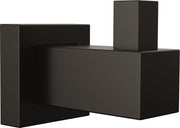 Matte black robe hook with angular geometric design and extended arm for hanging towels or robes.