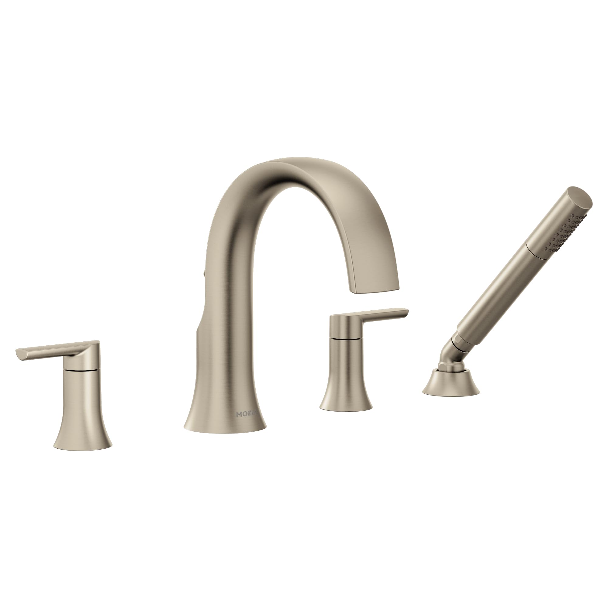 Brushed nickel Roman tub faucet with high arc spout, two handles, and detachable handshower on base.