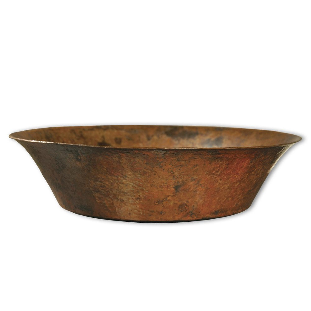 Oval copper bathroom sink with antique patina finish and sloped sides.