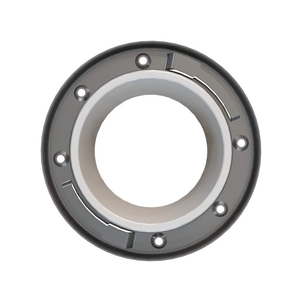 White PVC closet flange with stainless steel ring and mounting holes for toilet installation.