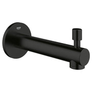 Matte black cylindrical tub spout with round wall flange and diverter lever on right side.