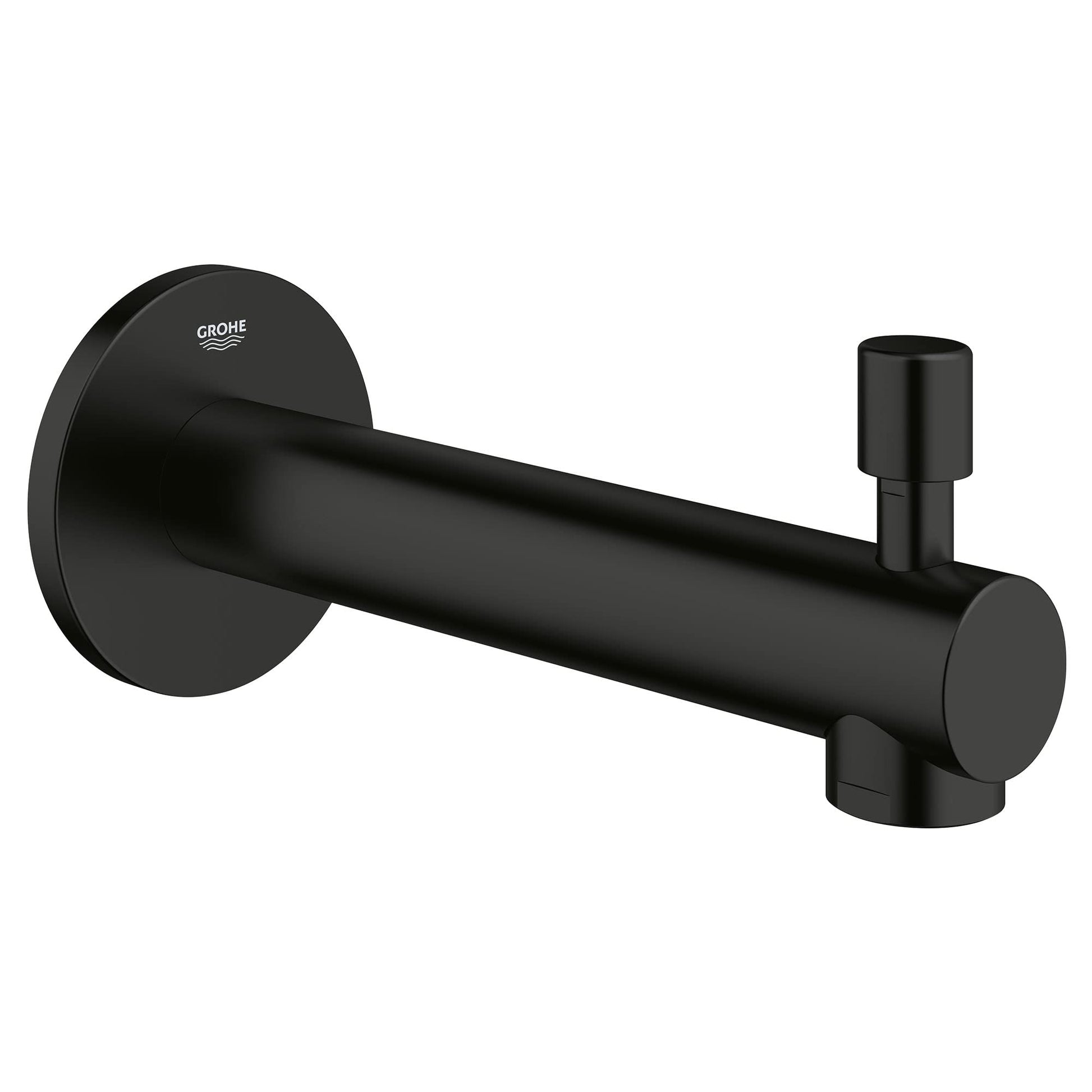 Matte black cylindrical tub spout with round wall flange and diverter lever on right side.