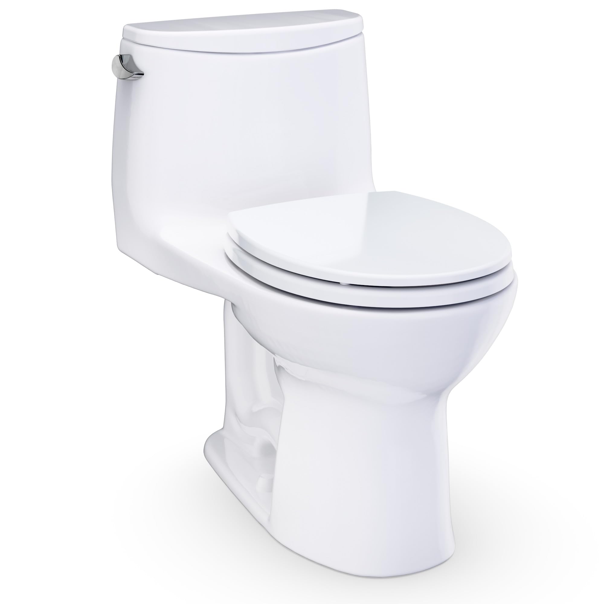 White one-piece toilet with closed lid and tank, silver handle visible on side.