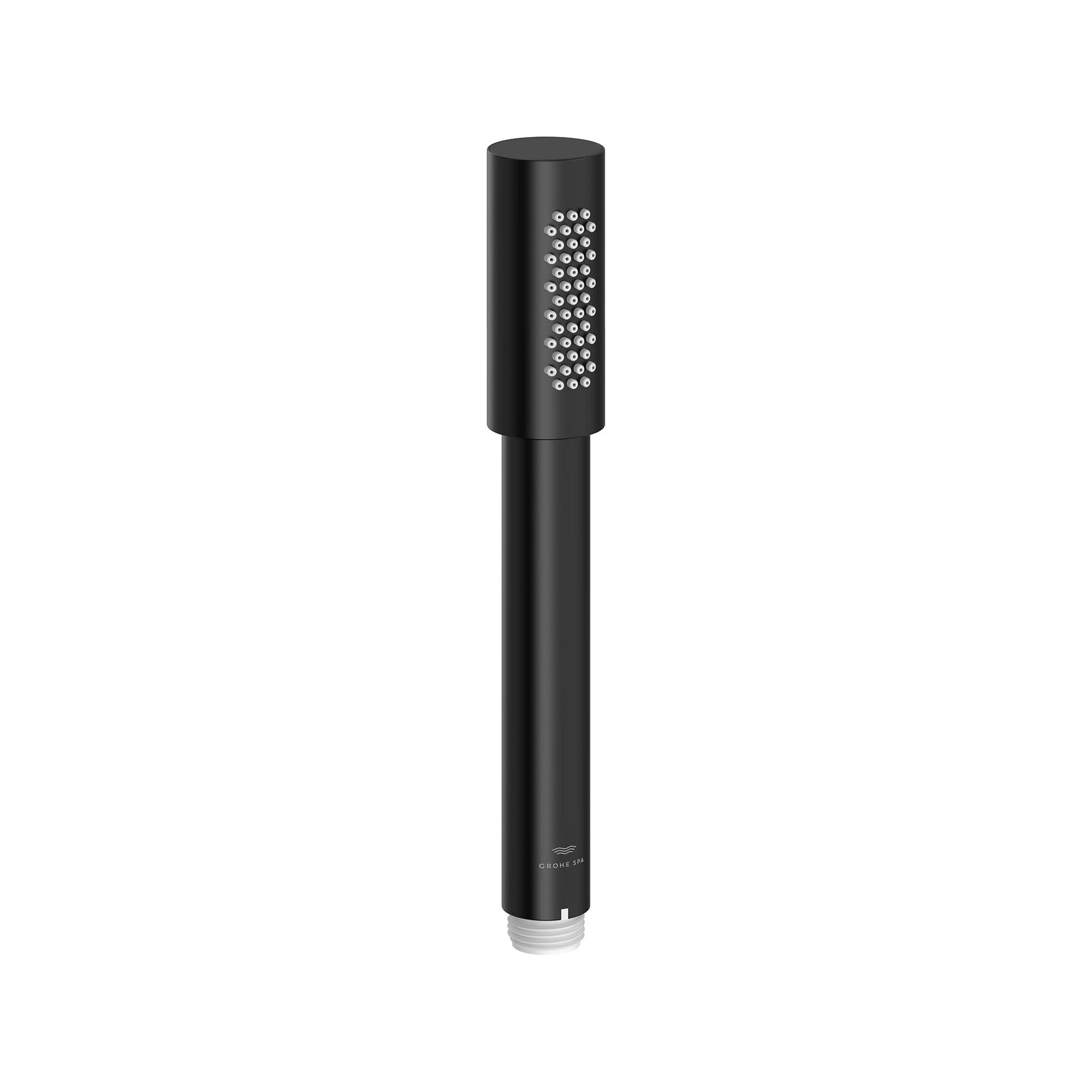 Matte black cylindrical hand shower with perforated spray head and chrome connection fitting at base.