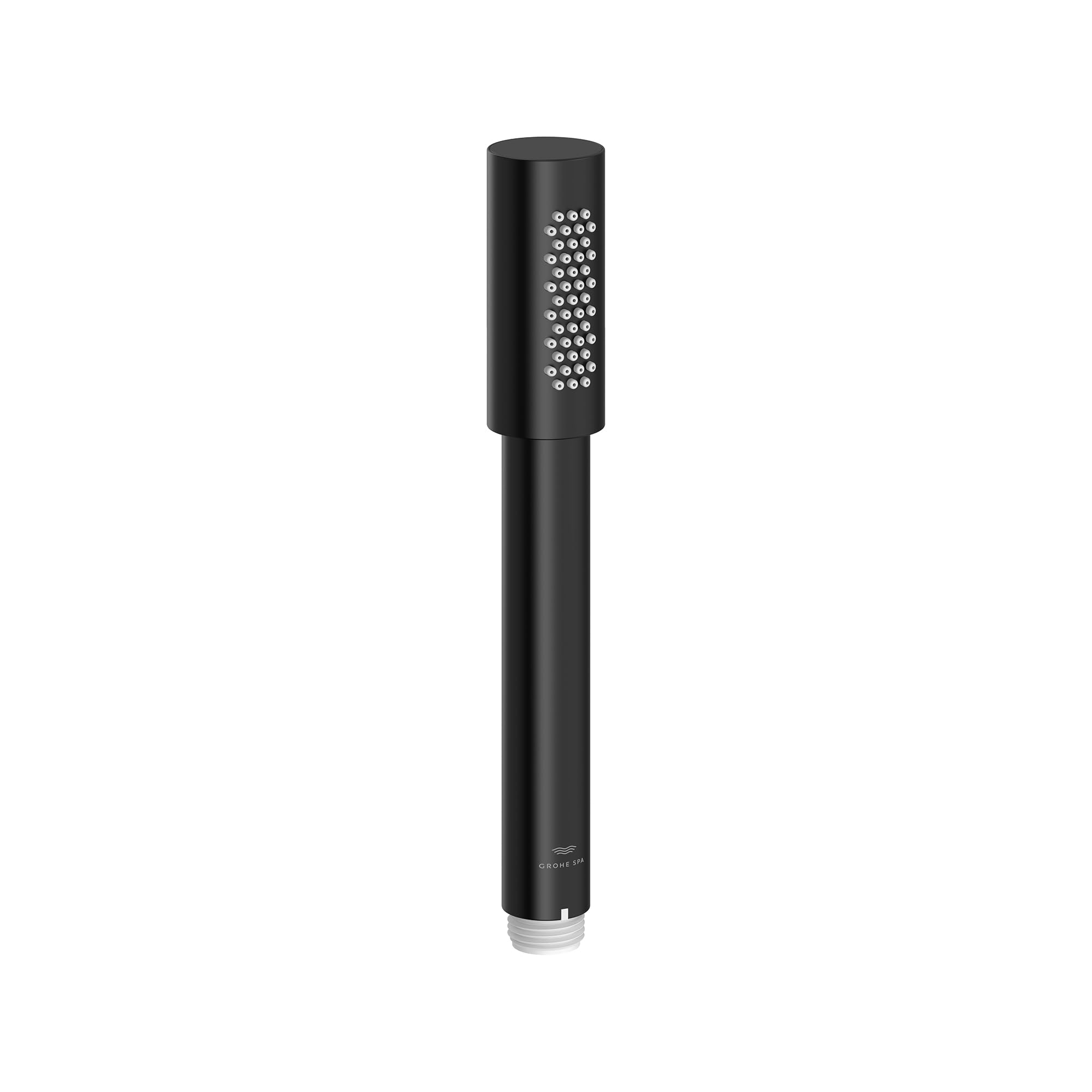Matte black cylindrical hand shower with perforated spray head and chrome connection fitting at base.