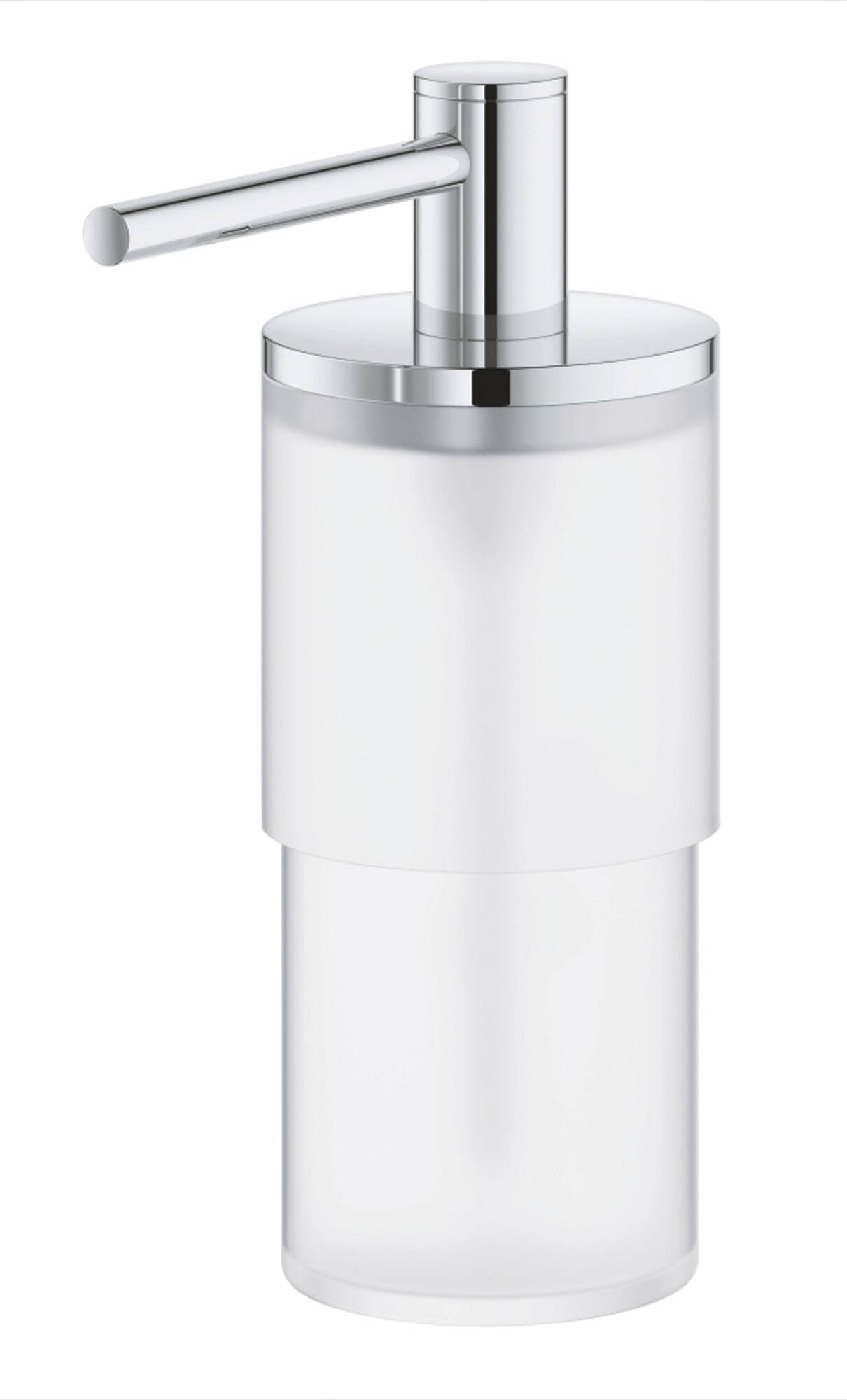 Chrome soap dispenser with cylindrical frosted glass container and horizontal pump lever.