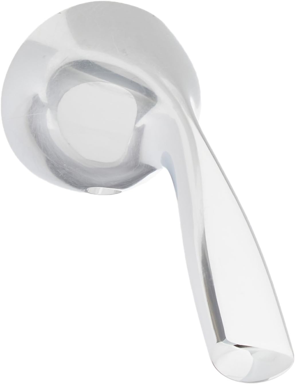 Chrome metal lever handle with round escutcheon plate and elongated handle arm.