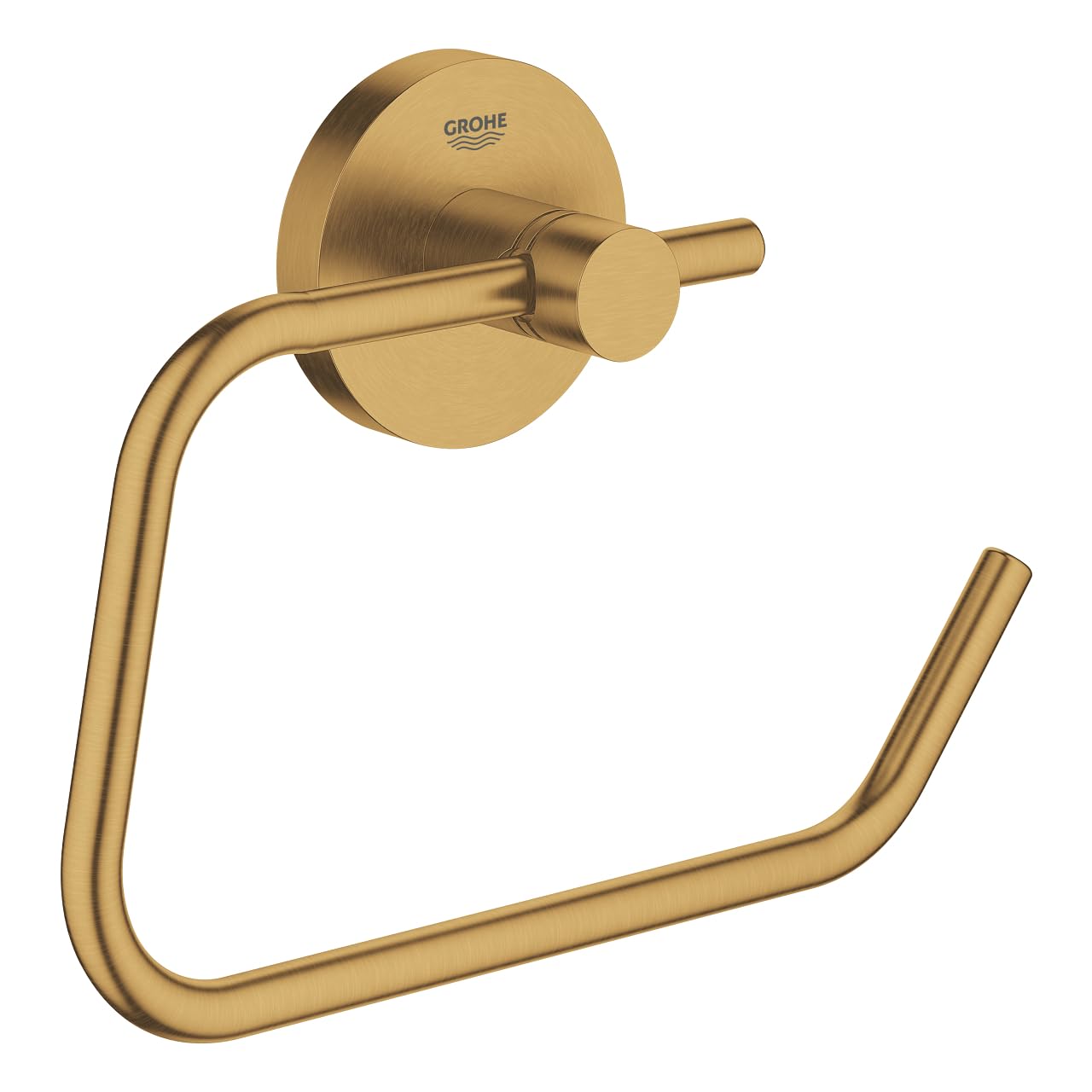 Grohe Essentials brushed gold paper holder with circular wall mount and curved open ring design.
