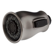 Stainless steel pull-down kitchen faucet spray head with multi-function nozzle and black trigger handle.