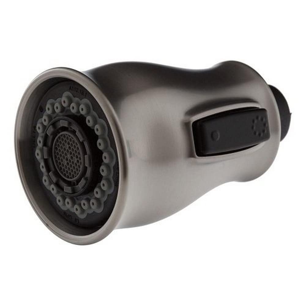 Stainless steel pull-down kitchen faucet spray head with multi-function nozzle and black trigger handle.