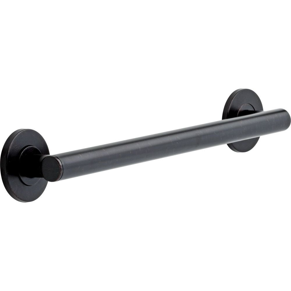Black cylindrical grab bar with round mounting flanges on each end.