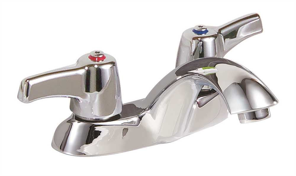 Chrome bathroom faucet with two lever handles, red and blue indicators, and curved spout.