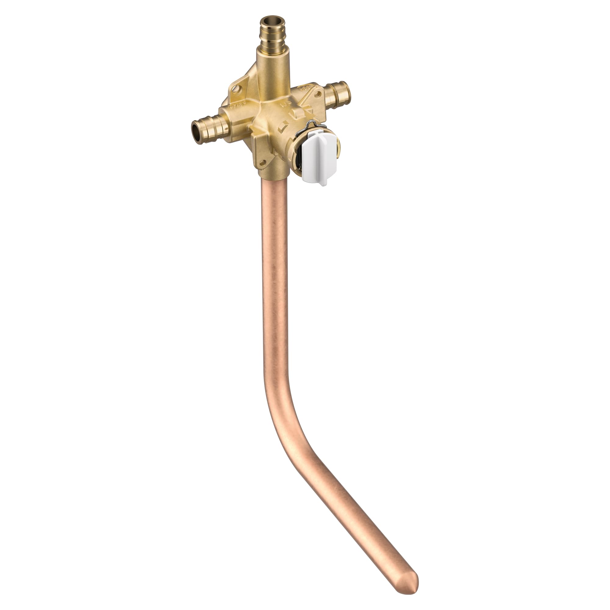 Brass pressure balancing valve with copper pipe and PEX connections, white adjustment handle on side.