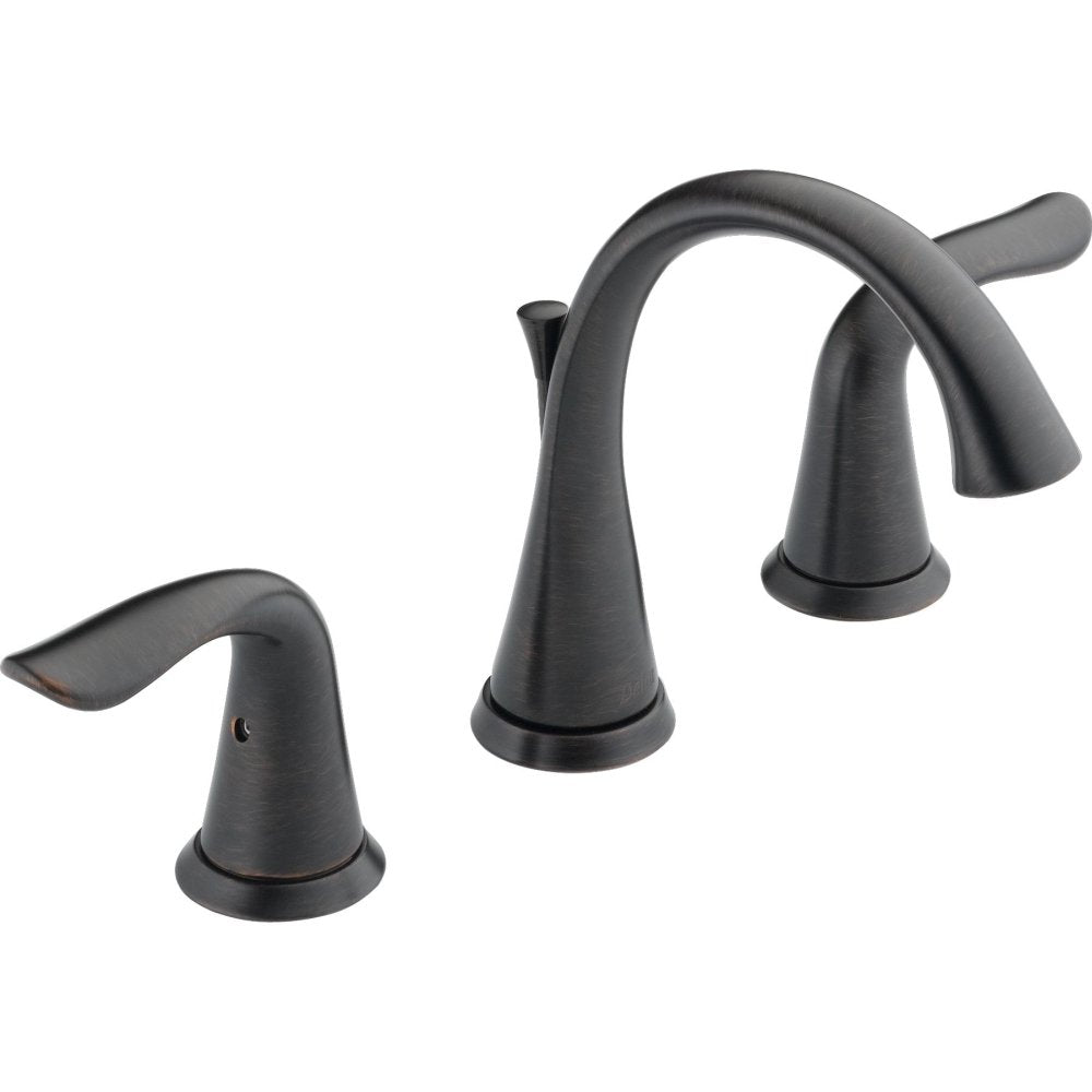 Matte black widespread bathroom faucet with two side handles and curved spout.
