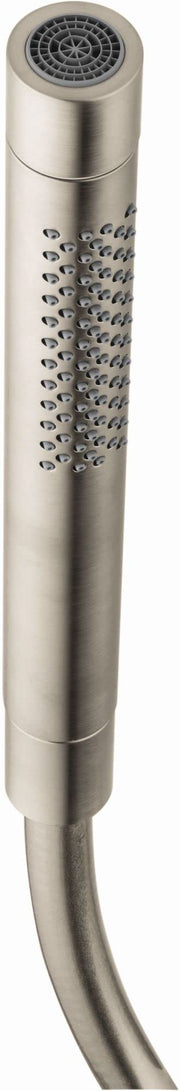 Brushed nickel cylindrical handshower with perforated grip section, circular spray head, and curved hose connection.