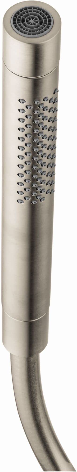 Brushed nickel cylindrical handshower with perforated grip section, circular spray head, and curved hose connection.