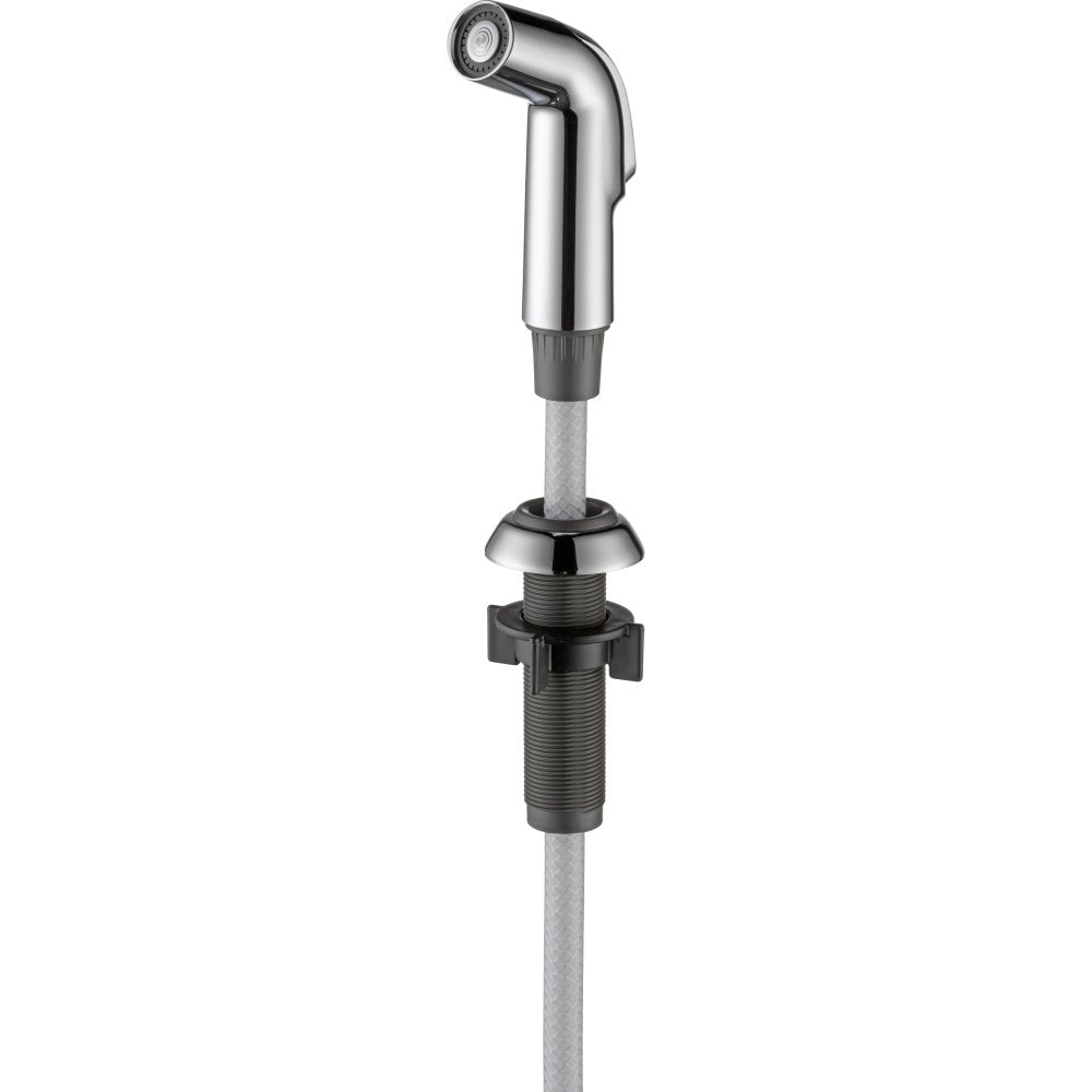 Chrome side spray with hose assembly, featuring angled spray head and threaded connector base.