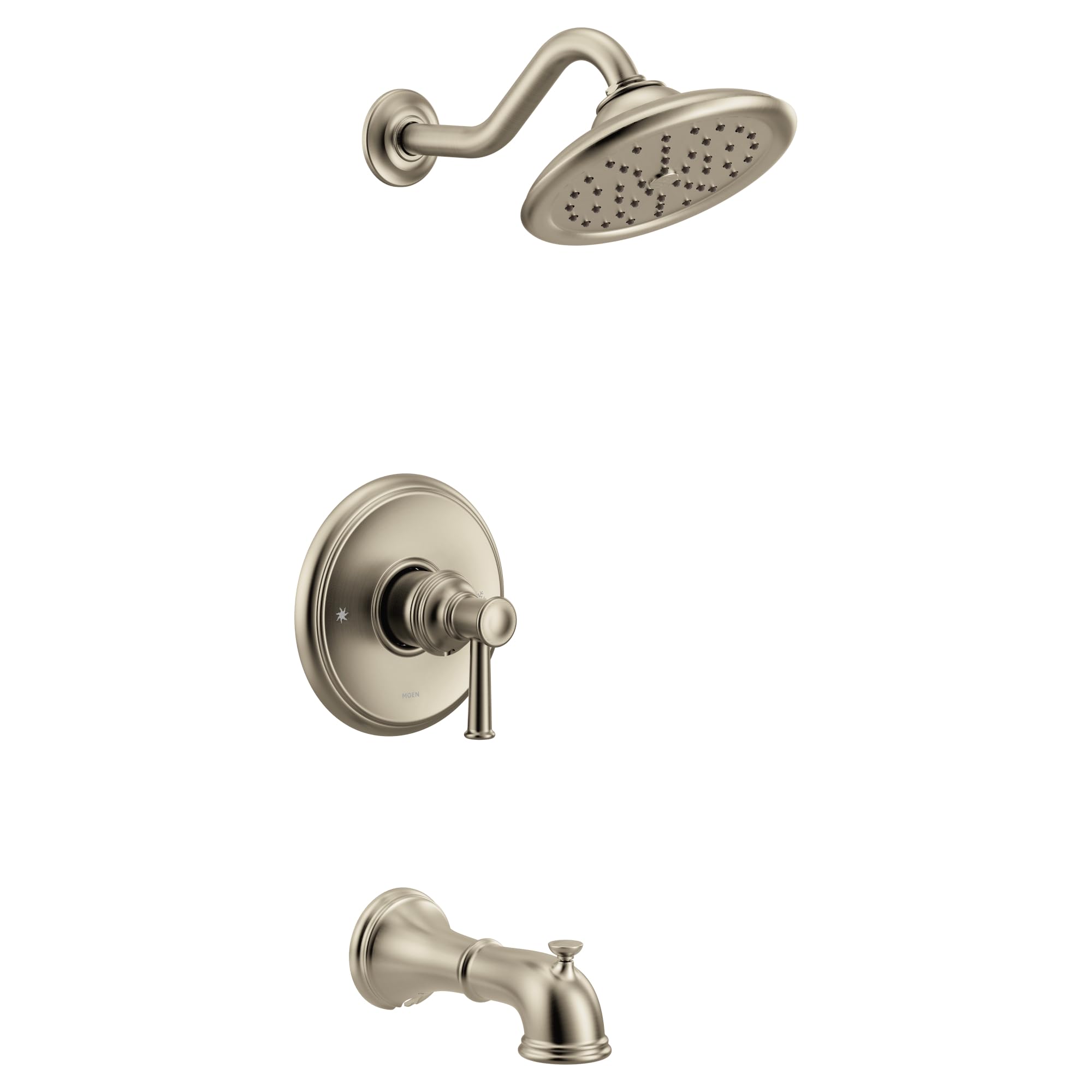 Brushed nickel single-handle tub and shower trim kit with curved showerhead, control valve, and tub spout.