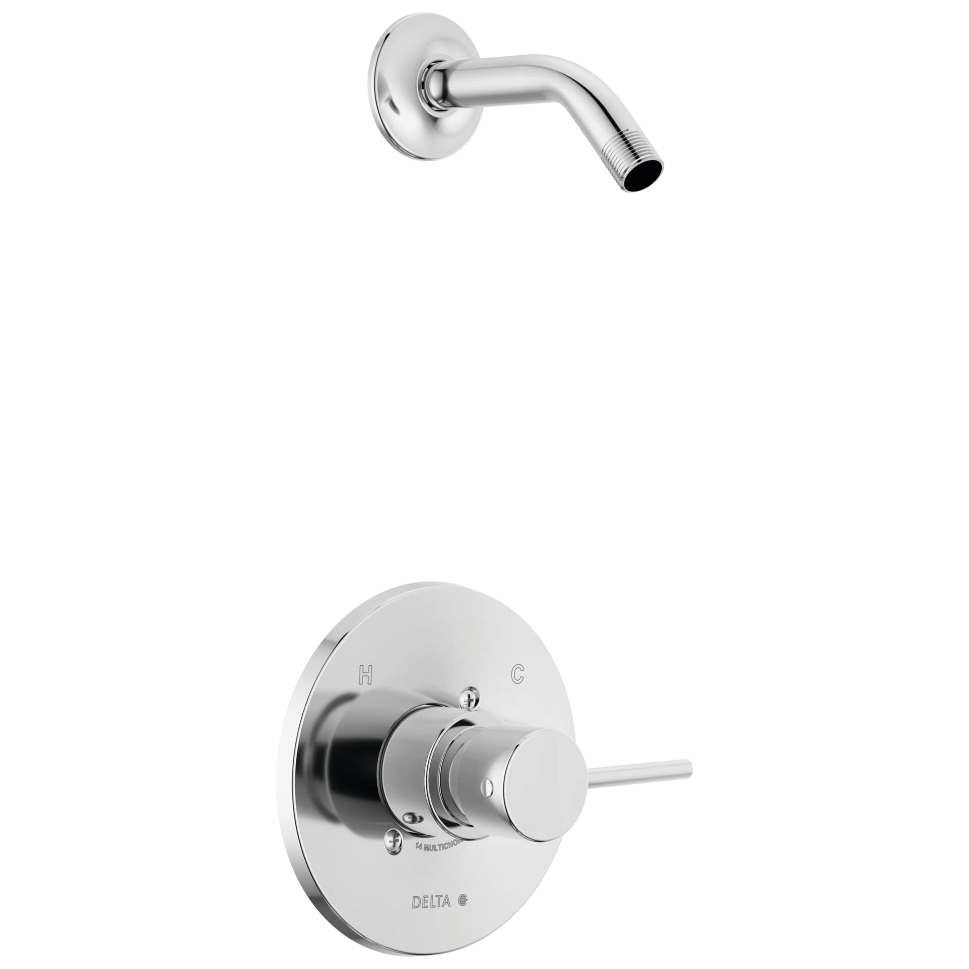 Chrome shower trim with round wall plate, angled arm, and control handle without showerhead.