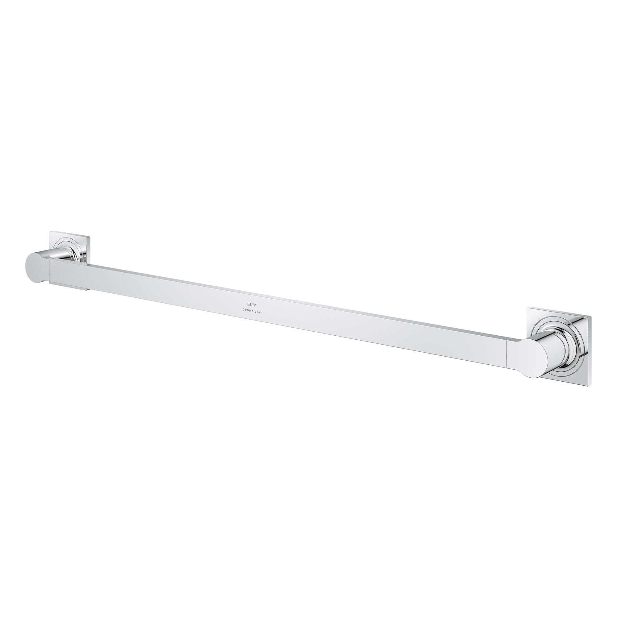 Brushed nickel towel bar with square wall-mounted brackets and white cylindrical bar, 24 inches long.