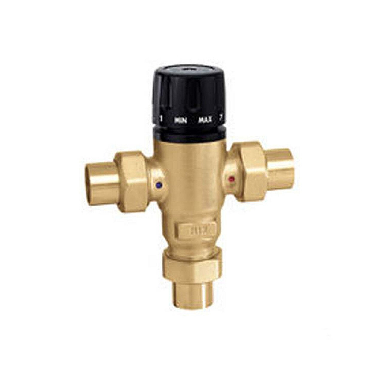 Brass 3-way mixing valve with black adjustment knob labeled MIN and MAX and color-coded inlet ports.