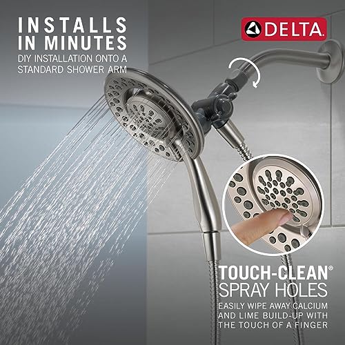 Delta In2ition dual showerhead system in brushed nickel with water streaming from both heads and touch-clean spray holes visi